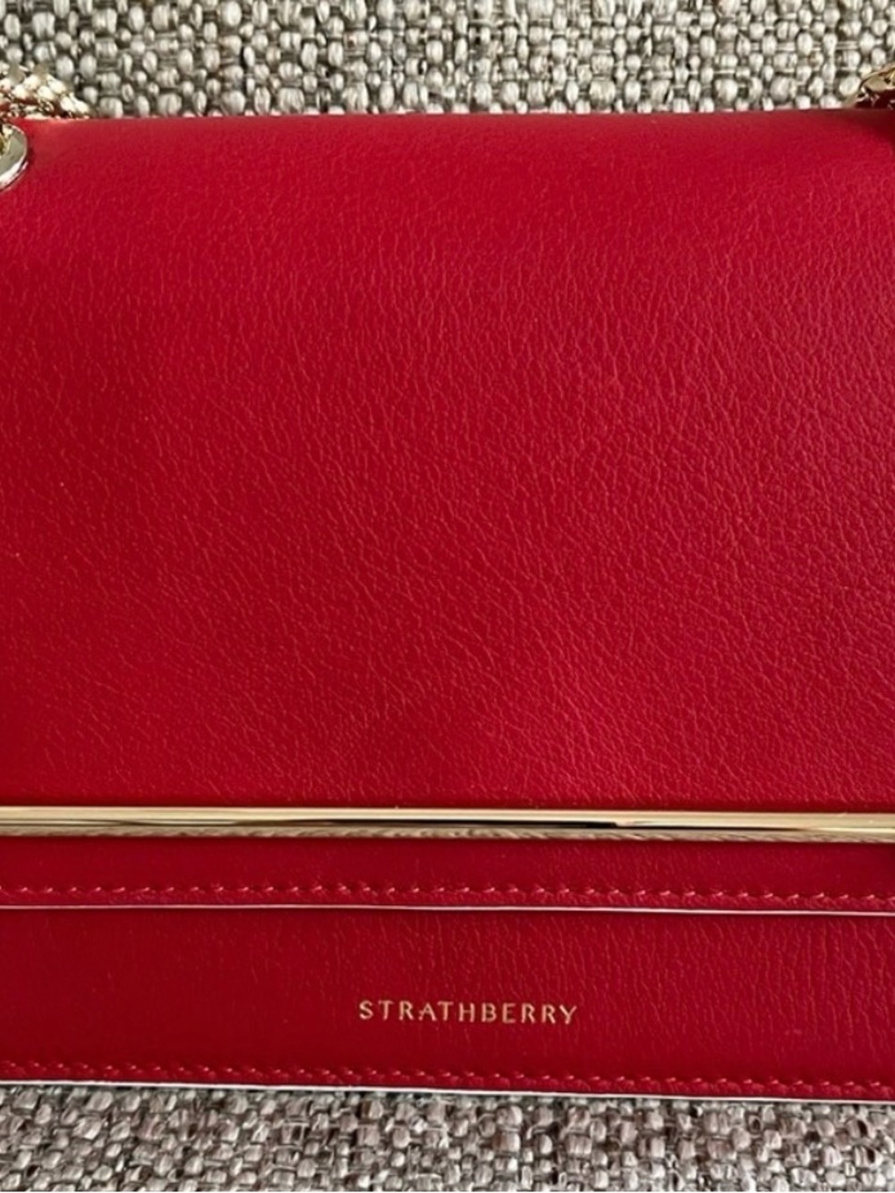 Strathberry Red Leather Crossbody with Gold Bar Accent